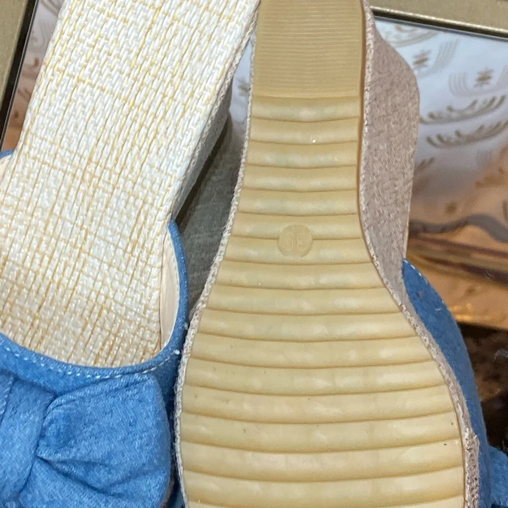 Espadrille Wedge Slide Sandals | Denim Bow | Size 9
